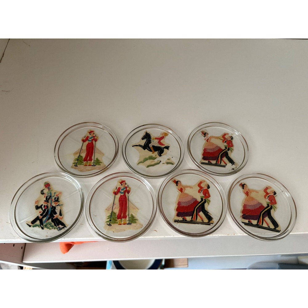 Vintage World's Fair Glass Coaster Set Rare Mid Century Barware Set of 7